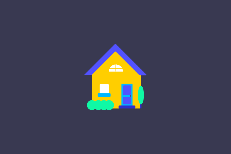 Yellow house with a purple roof and a blue door with trees and bushes out front.
