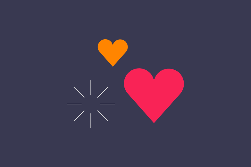 A red heart, orange heart, and starburst on a dark background.