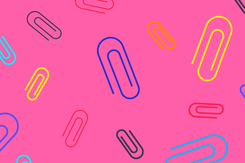 Colorful graphic of large and small scattered paperclips.