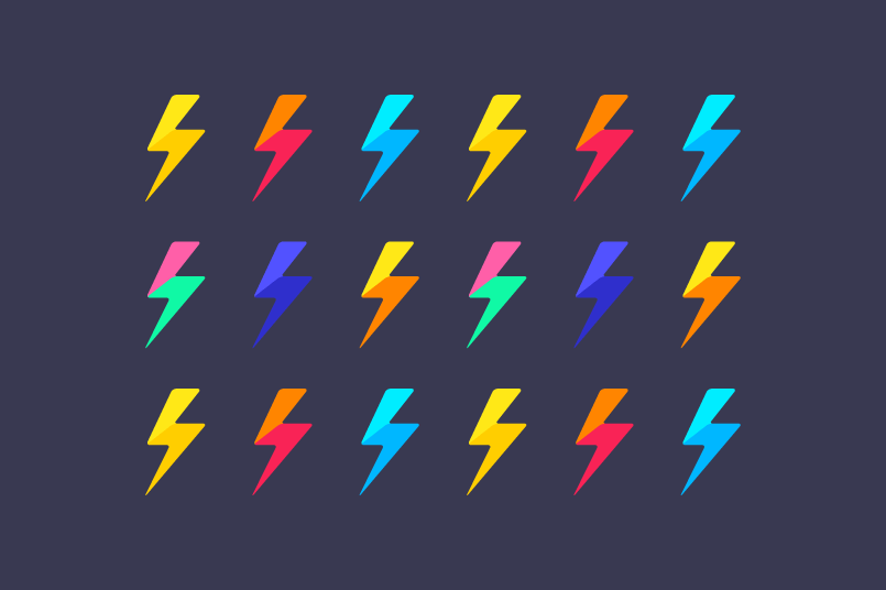 Three rows of colorful thunderbolt vectors.